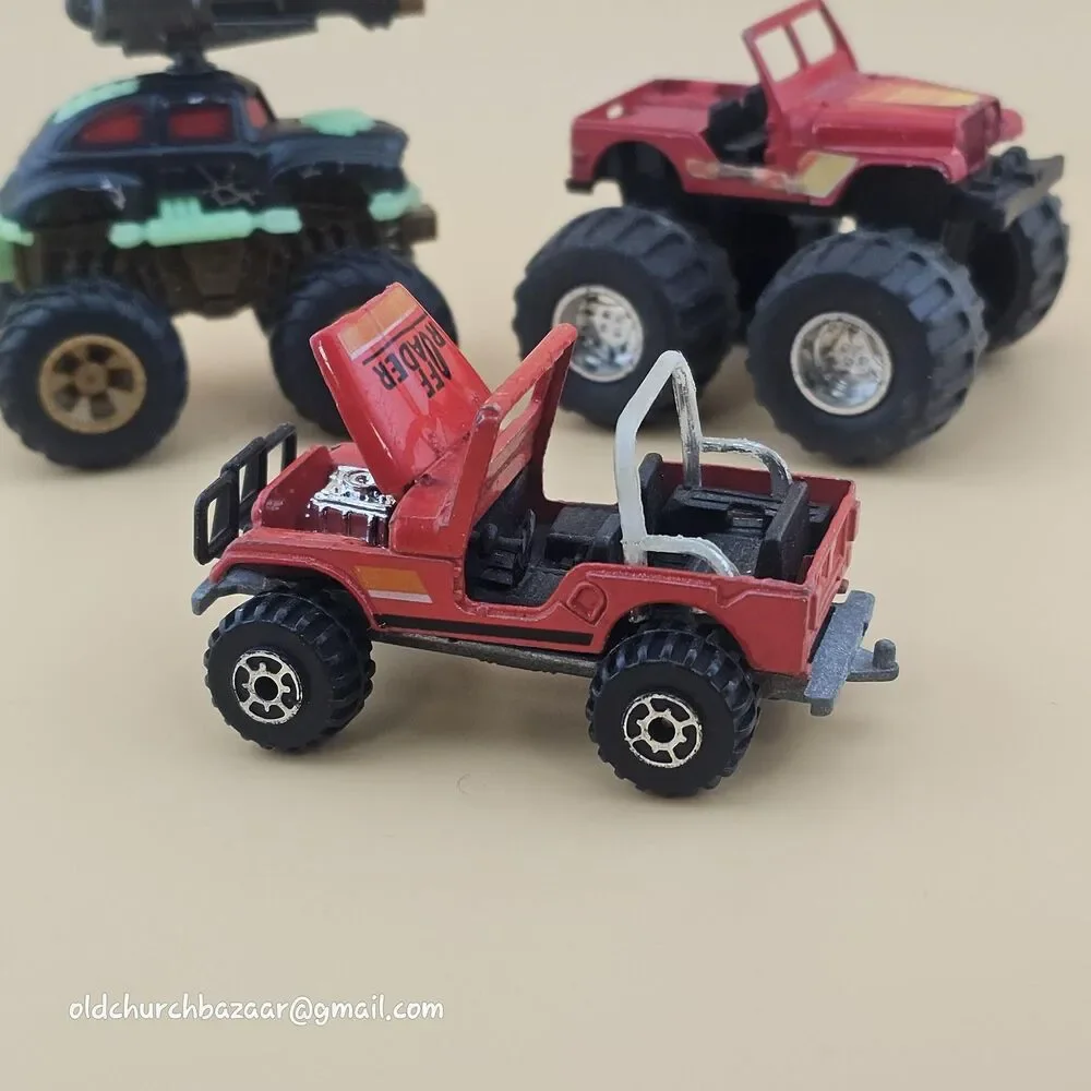 Vtg Lot Of 3 1990's Diecast Monster Trucks Jeep Cars Multi-Color Collectible Toy